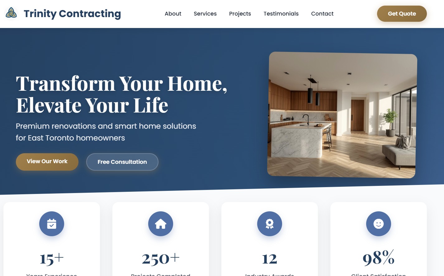 Trinity Contracting website showing professional contractor services and portfolio