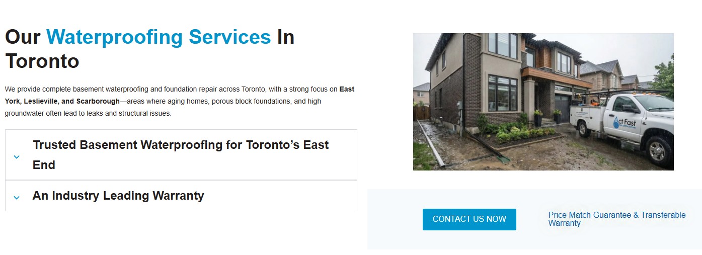 Act Fast Waterproofing regional service page showing local waterproofing services in Toronto
